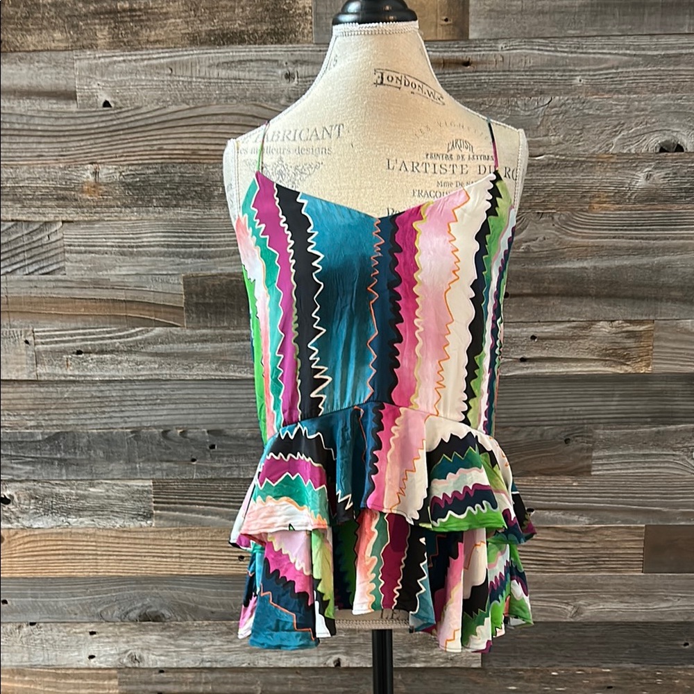 Marie Oliver Pink and Green Asymmetrical Peplum Spaghetti Strap Top Size XS